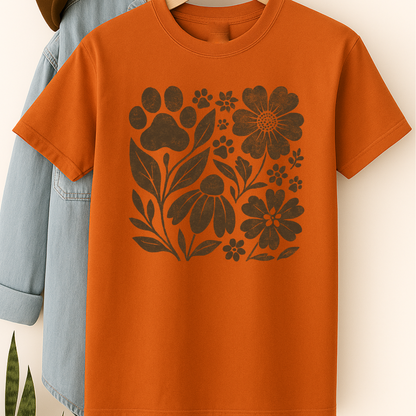 Retro Floral Paw Print Shirt Boho Dog Lover Tee Nature-Inspired Pet Mom Gift Vintage Botanical Animal T-Shirt