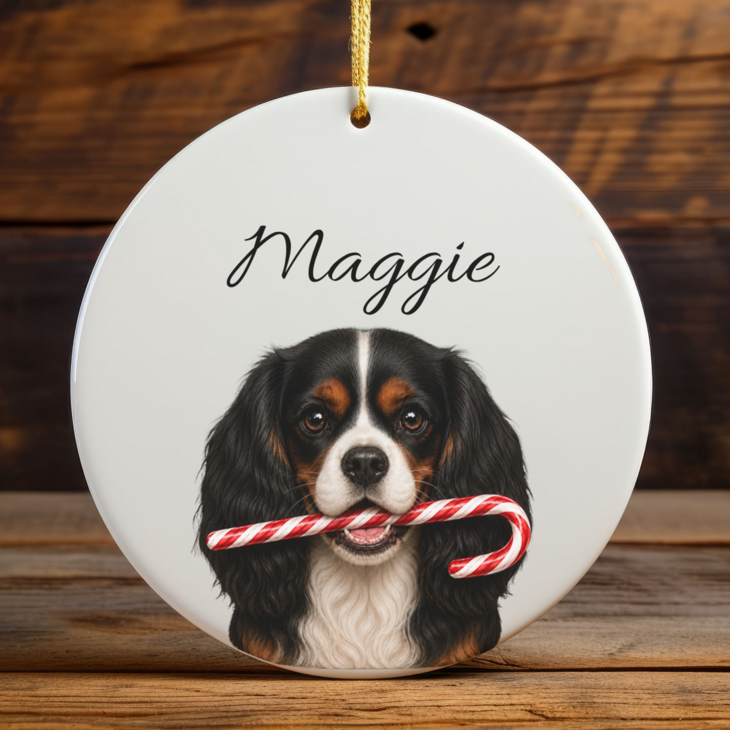 Personalized Tricolor Cavalier Candy Cane Ornament