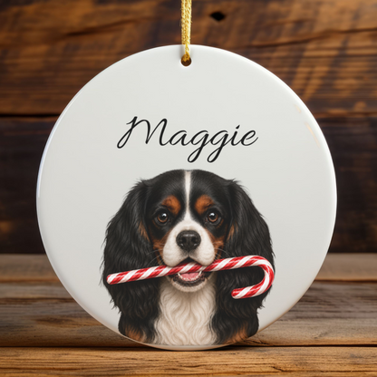 Personalized Tricolor Cavalier Candy Cane Ornament