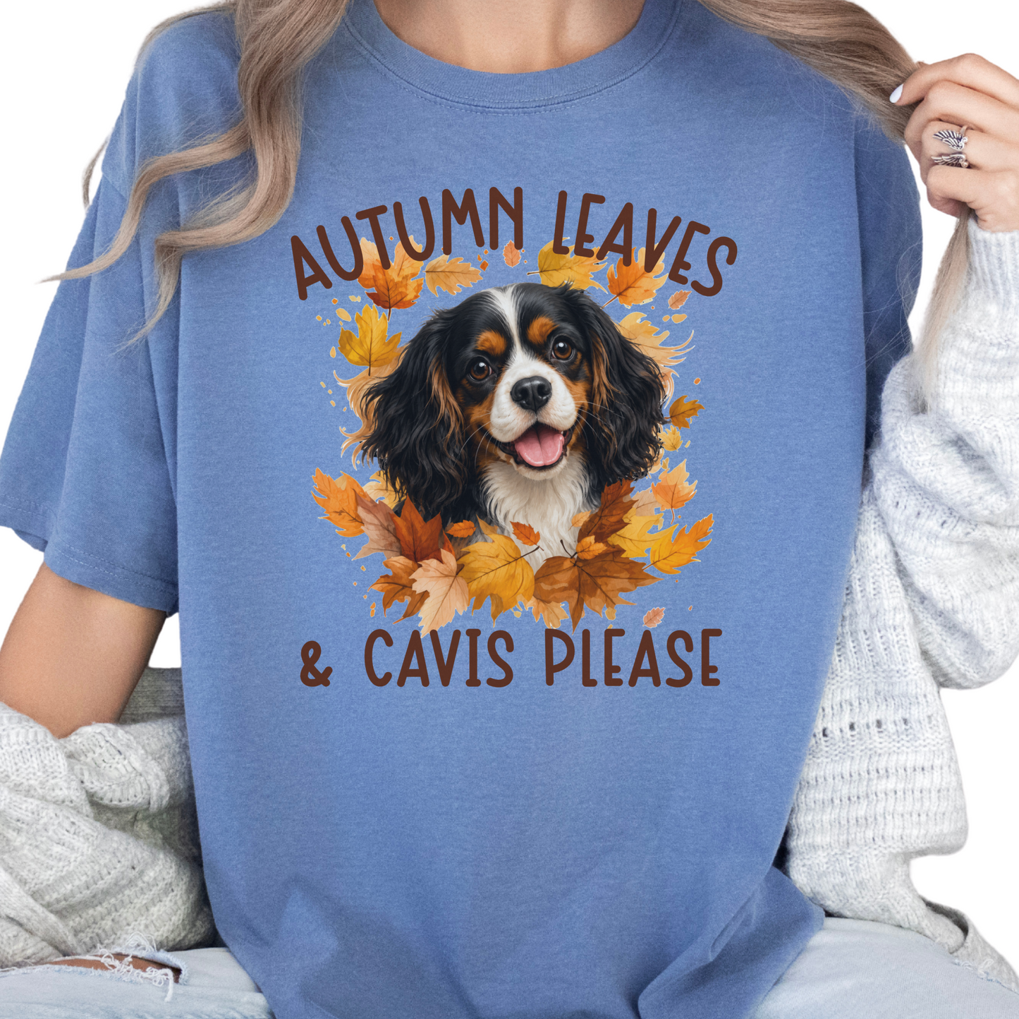 Tricolor Cavalier Mom Fall Shirt, Autumn Leaves & Cavaliers Please