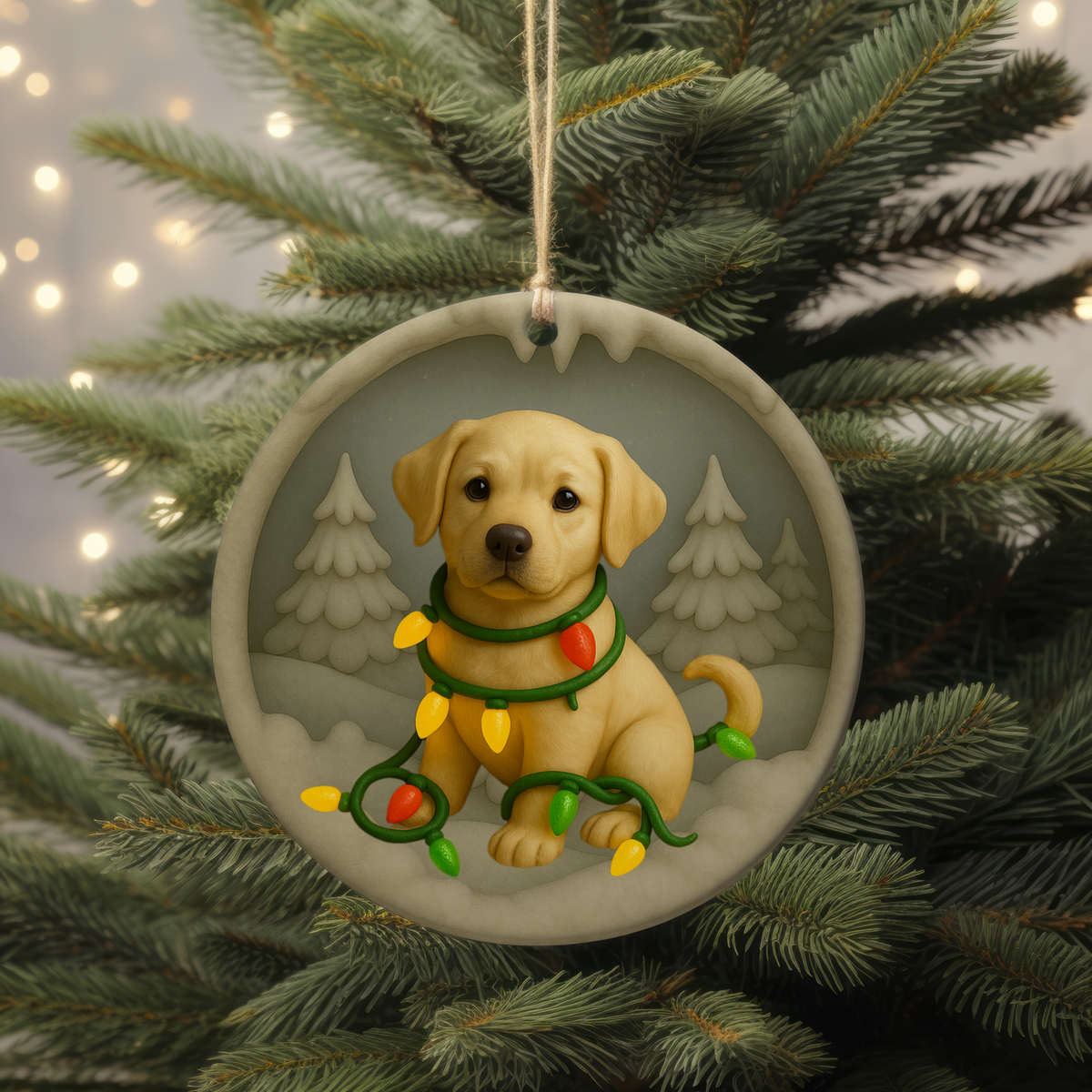 Customizable Yellow Lab Christmas Ornament, 3D-Look Clay-Style Puppy with Lights, Dog Lover Gift, Labrador Retriever Holiday Decor