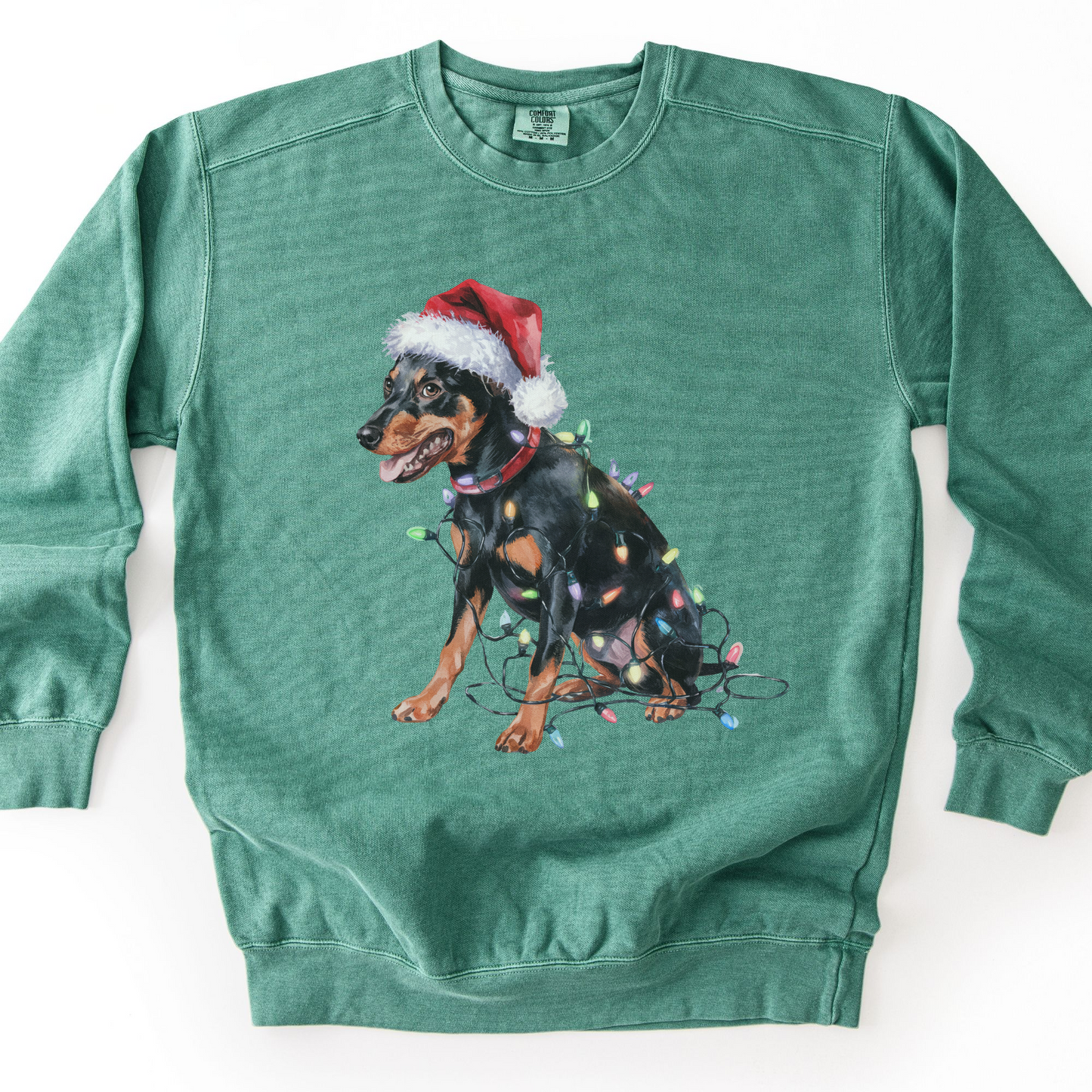 Miniature Pinscher Christmas Lights Dog Sweatshirt, Festive Min Pin Mom Apparel