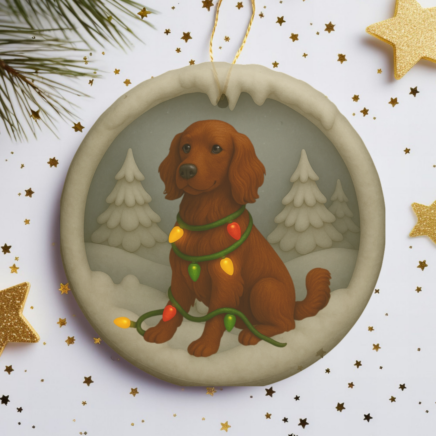 Personalized Irish Setter Christmas Ornament, 3D Clay-Style Dog Keepsake with Lights