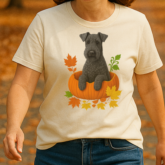 Kerry Blue Terrier in Pumpkin Fall Shirt, Cute Autumn Dog Tee for Terrier Lovers