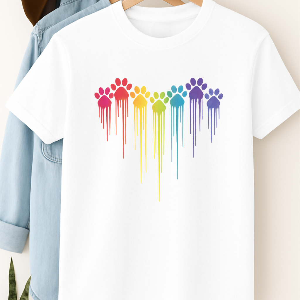 Rainbow Paw Print Heart Shirt Dog Lover Pride Tee Colorful Dripping Paw T-shirt Pet Parent Gift Animal Rescue Support Shirt