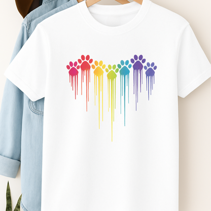 Rainbow Paw Print Heart Shirt Dog Lover Pride Tee Colorful Dripping Paw T-shirt Pet Parent Gift Animal Rescue Support Shirt
