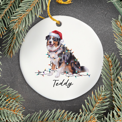 Personalized Australian Shepherd Christmas Ornament, Ceramic Dog Decor, Holiday Lights
