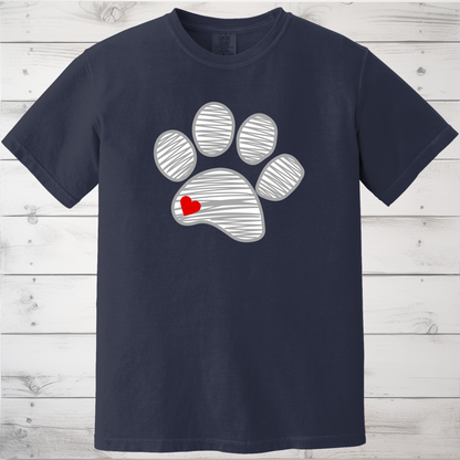 Sketched Paw Print Heart T-Shirt – Minimalist Dog Lover Tee with Cute Red Heart Design