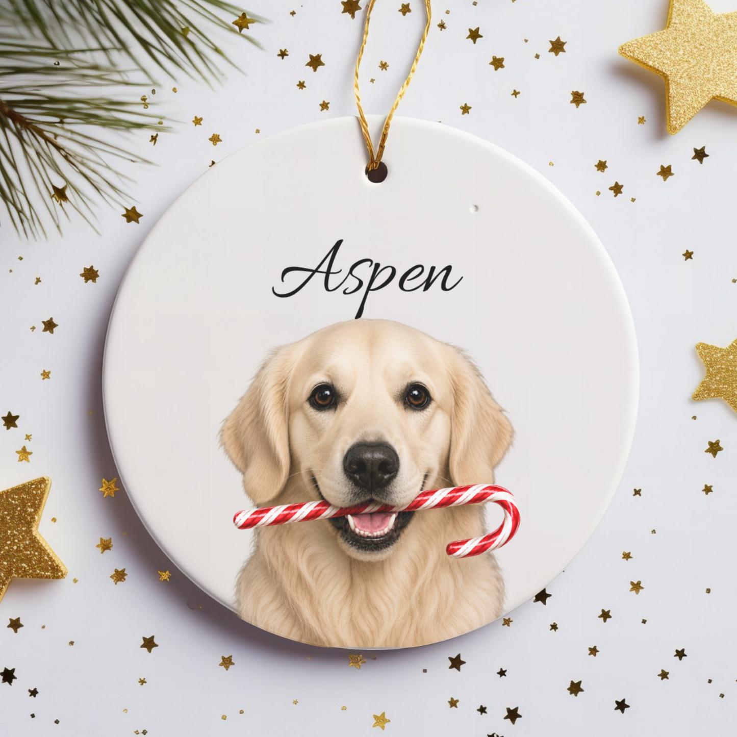 Personalized English Cream Golden Retriever Candy Cane Ornament