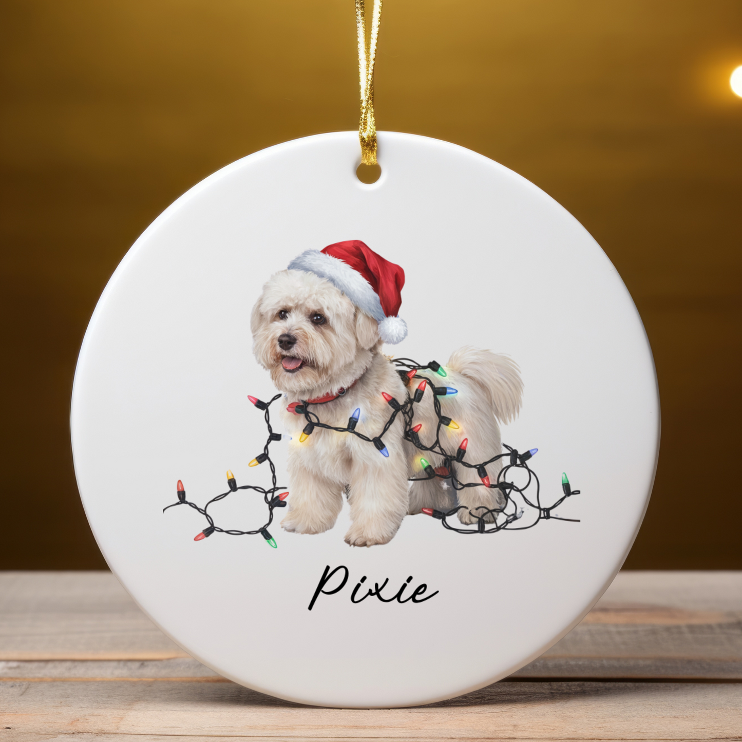 Personalized Bichon Frise Christmas Ornament, Ceramic Dog Santa Hat Lights Decoration
