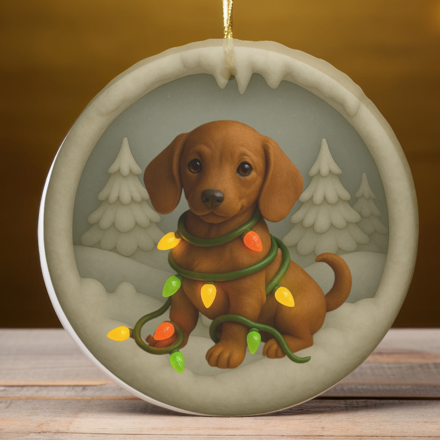 Personalized Red Dachshund Christmas Ornament, 3D Clay-Style Dog Keepsake with Lights