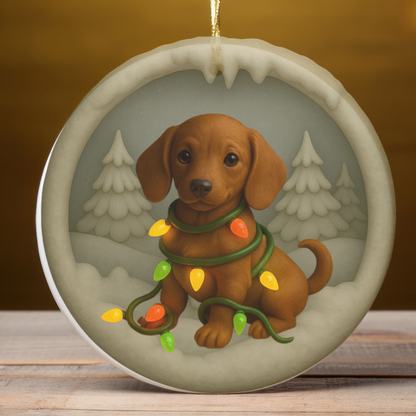 Personalized Red Dachshund Christmas Ornament, 3D Clay-Style Dog Keepsake with Lights