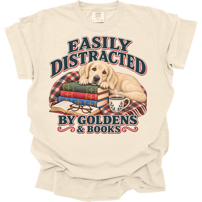 English Cream Golden Retriever Shirt, Easily Distracted by Goldens and Books, Book Lover Tee