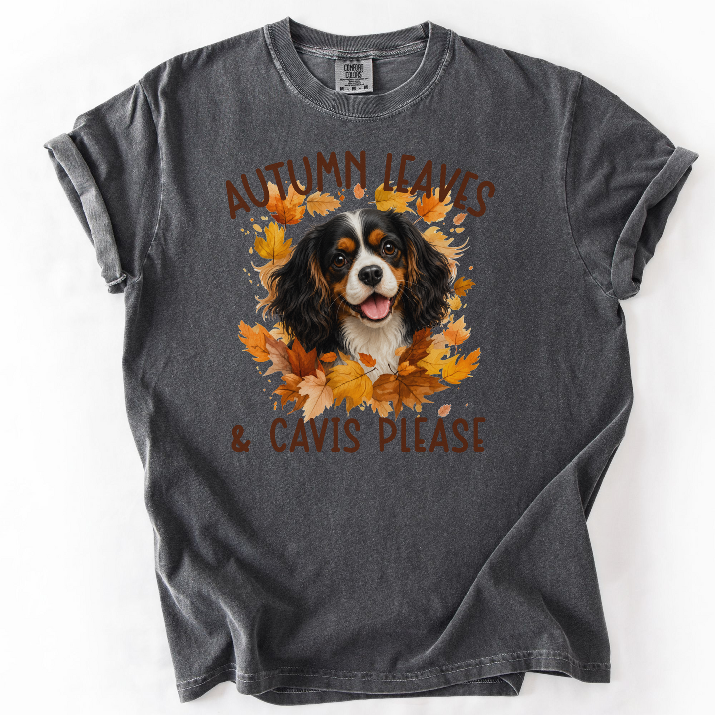 Tricolor Cavalier Mom Fall Shirt, Autumn Leaves & Cavaliers Please