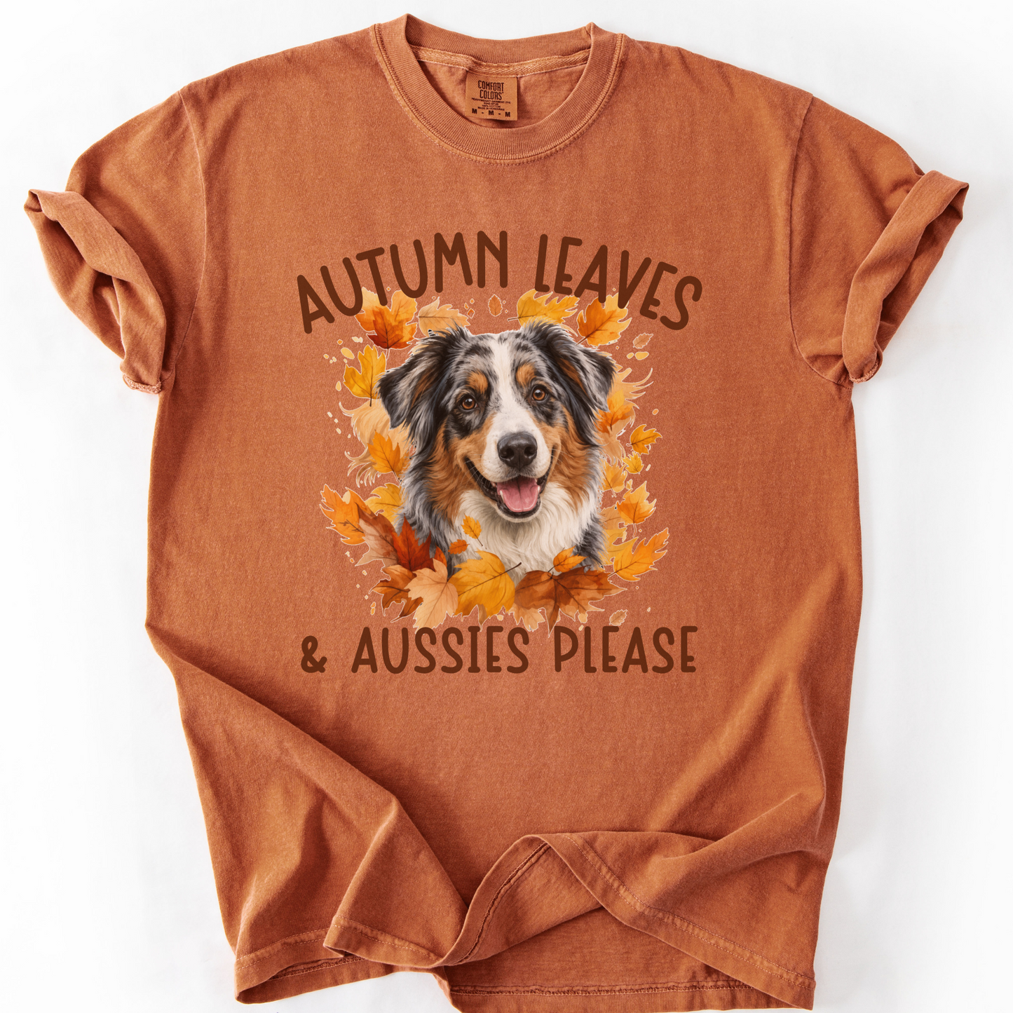 Australian Shepherd Fall Comfort Colors Dog Mom Shirt, Autumn Leaves & Aussies Please