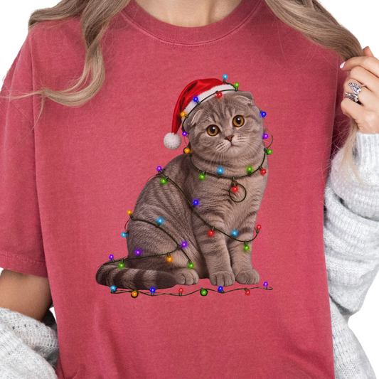 Scottish Fold Christmas Lights Shirt, Comfort Colors Holiday Cat Lover Tee