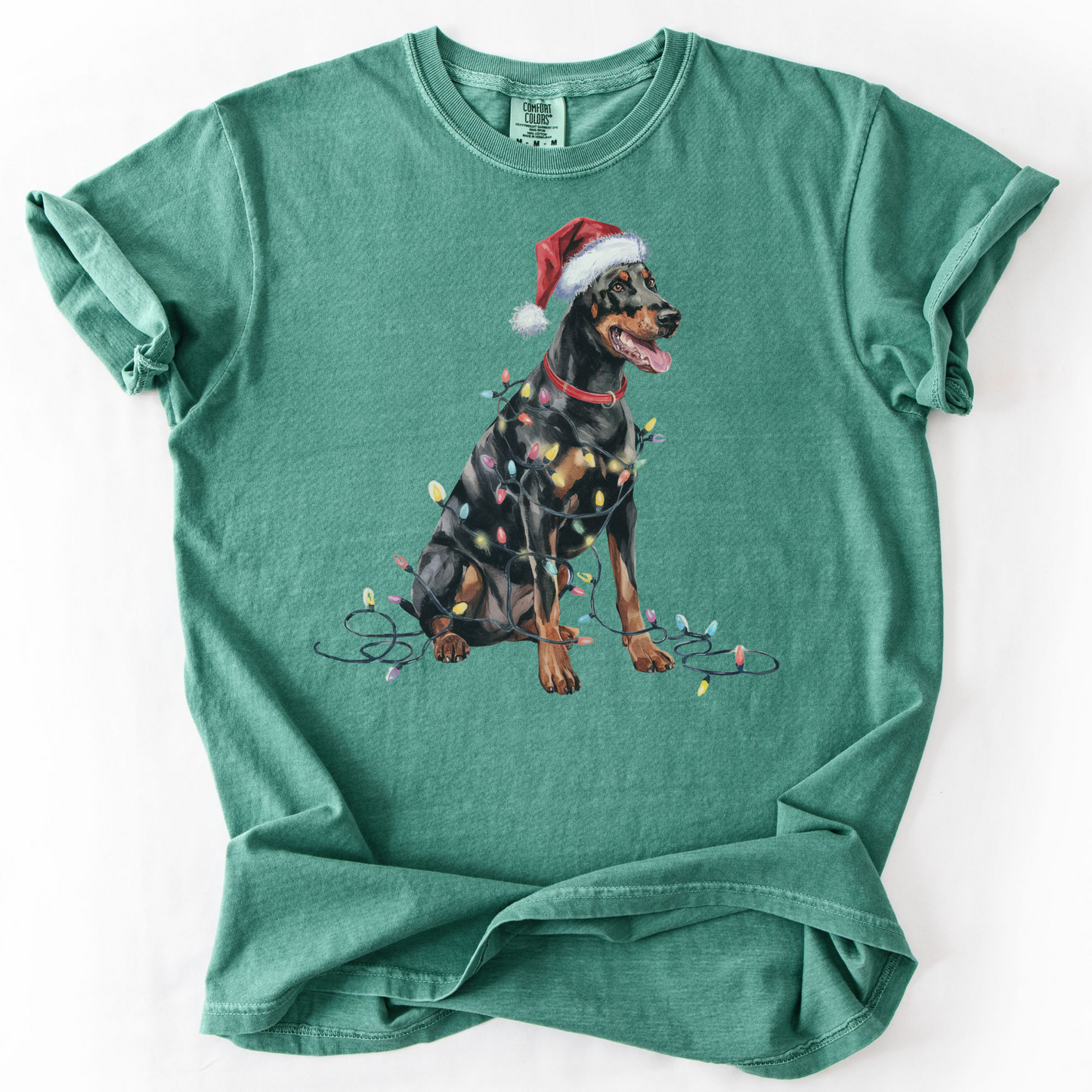 Doberman Pinscher Christmas Lights Shirt, Festive Holiday Tee for Dobie Lovers