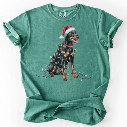 Doberman Pinscher Christmas Lights Shirt, Festive Holiday Tee for Dobie Lovers