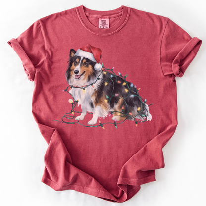 Shetland Sheepdog Christmas Lights Shirt, Festive Holiday Tee for Sheltie Lovers