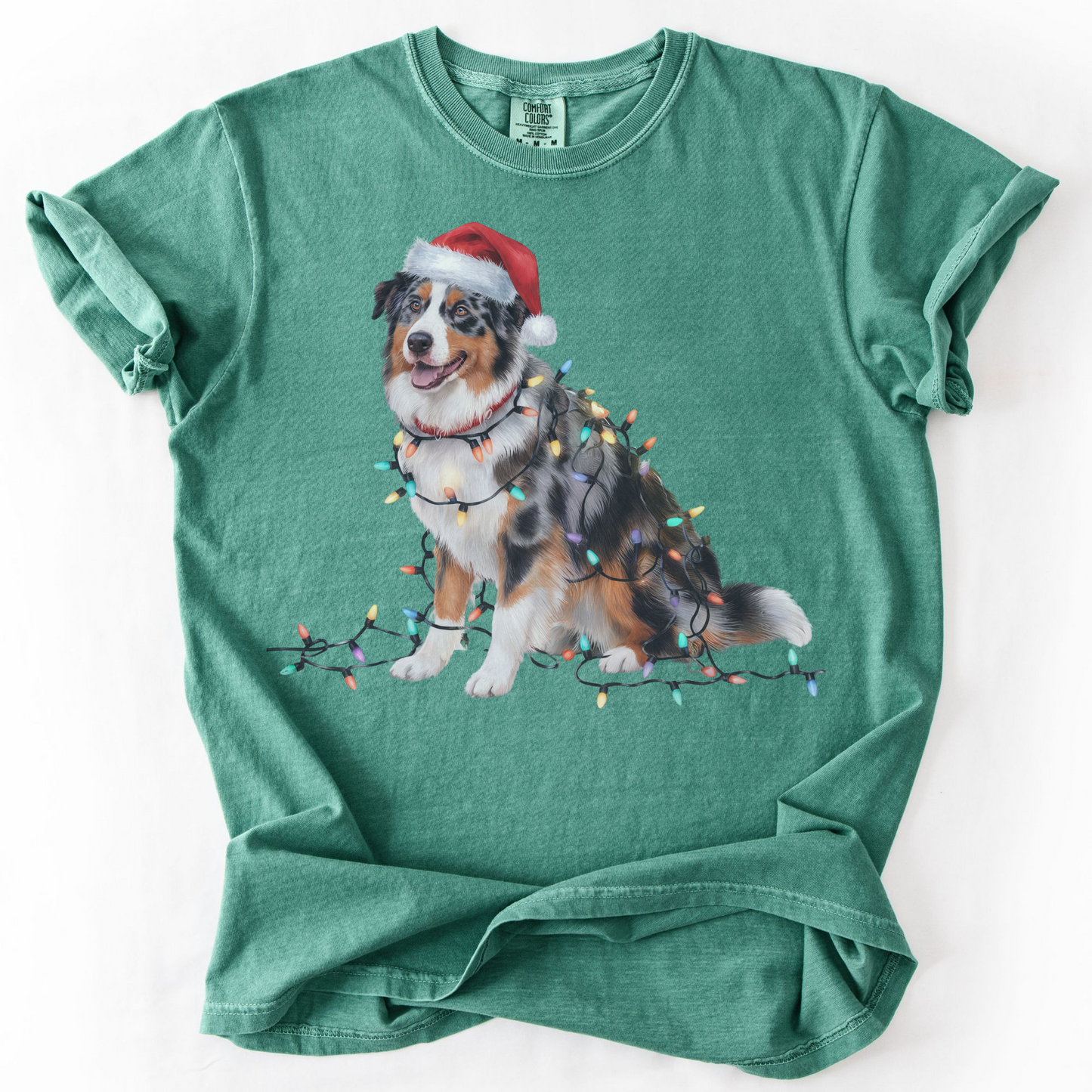 Australian Shepherd Christmas Lights Dog Shirt, Festive Aussie Holiday Tee for Dog Lovers