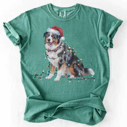Australian Shepherd Christmas Lights Dog Shirt, Festive Aussie Holiday Tee for Dog Lovers