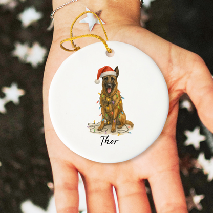 Personalized Belgian Malinois Dog Christmas Ornament, Ceramic Pet Decor, Santa Hat Lights