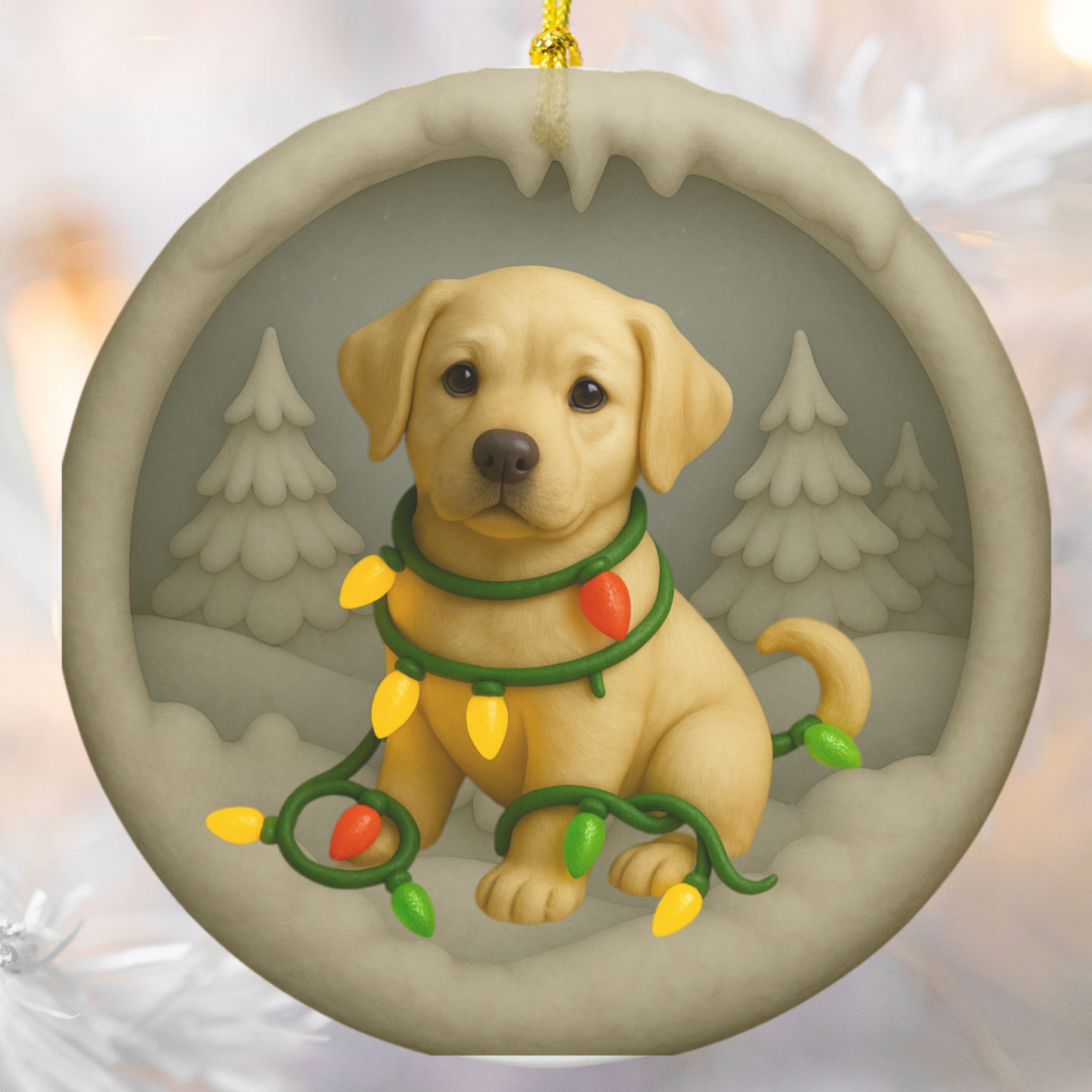 Personalized Yellow Lab Christmas Ornament, Custom Labrador Retriever with Holiday Lights Keepsake