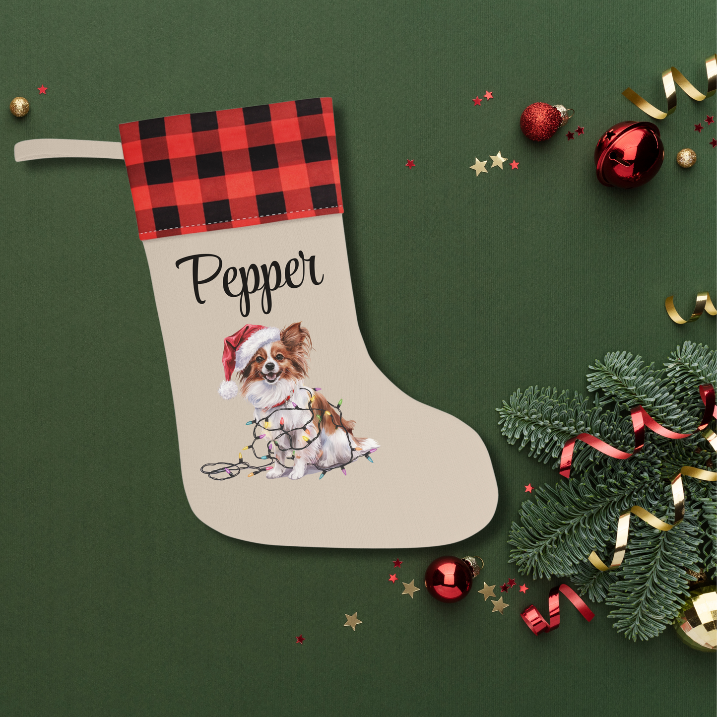 Personalized Papillon Christmas Stocking, Holiday Decor Gift for Pet Lovers