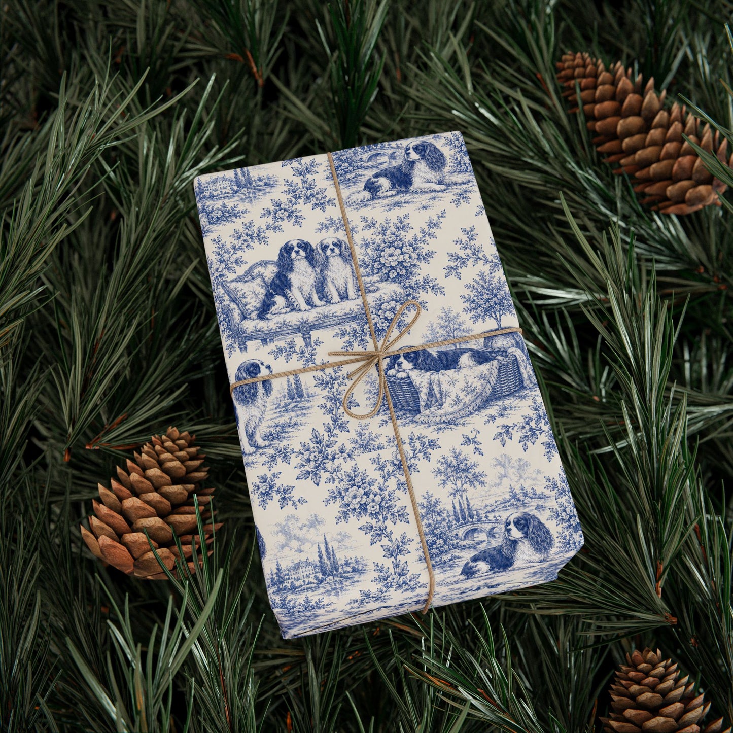 Cavalier Wrapping Paper, French Blue Toile Gift Wrap, Cavalier King Charles Spaniel Gift