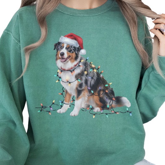 Australian Shepherd Christmas Lights Sweatshirt, Festive Dog Lover Apparel