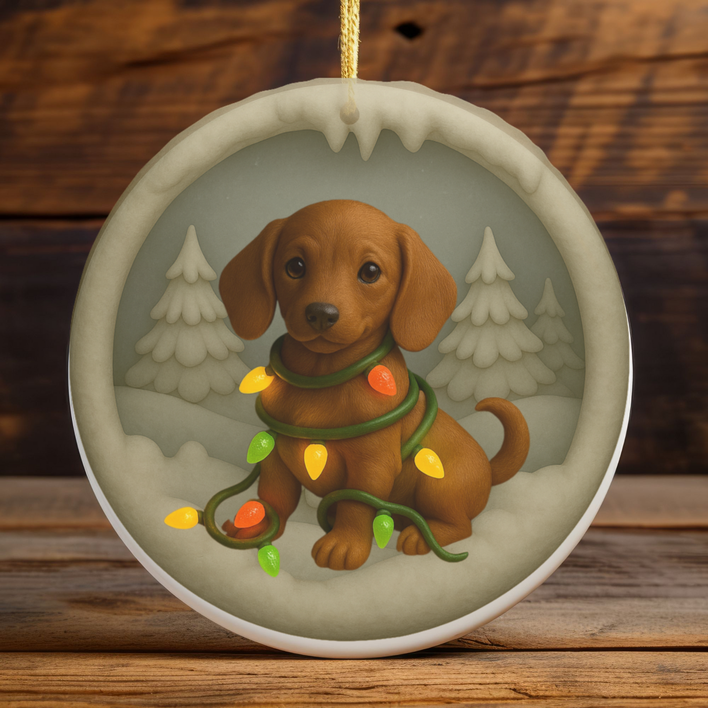 Personalized Red Dachshund Christmas Ornament, 3D Clay-Style Dog Keepsake with Lights