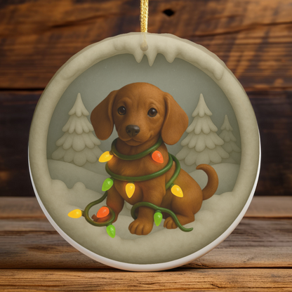 Personalized Red Dachshund Christmas Ornament, 3D Clay-Style Dog Keepsake with Lights