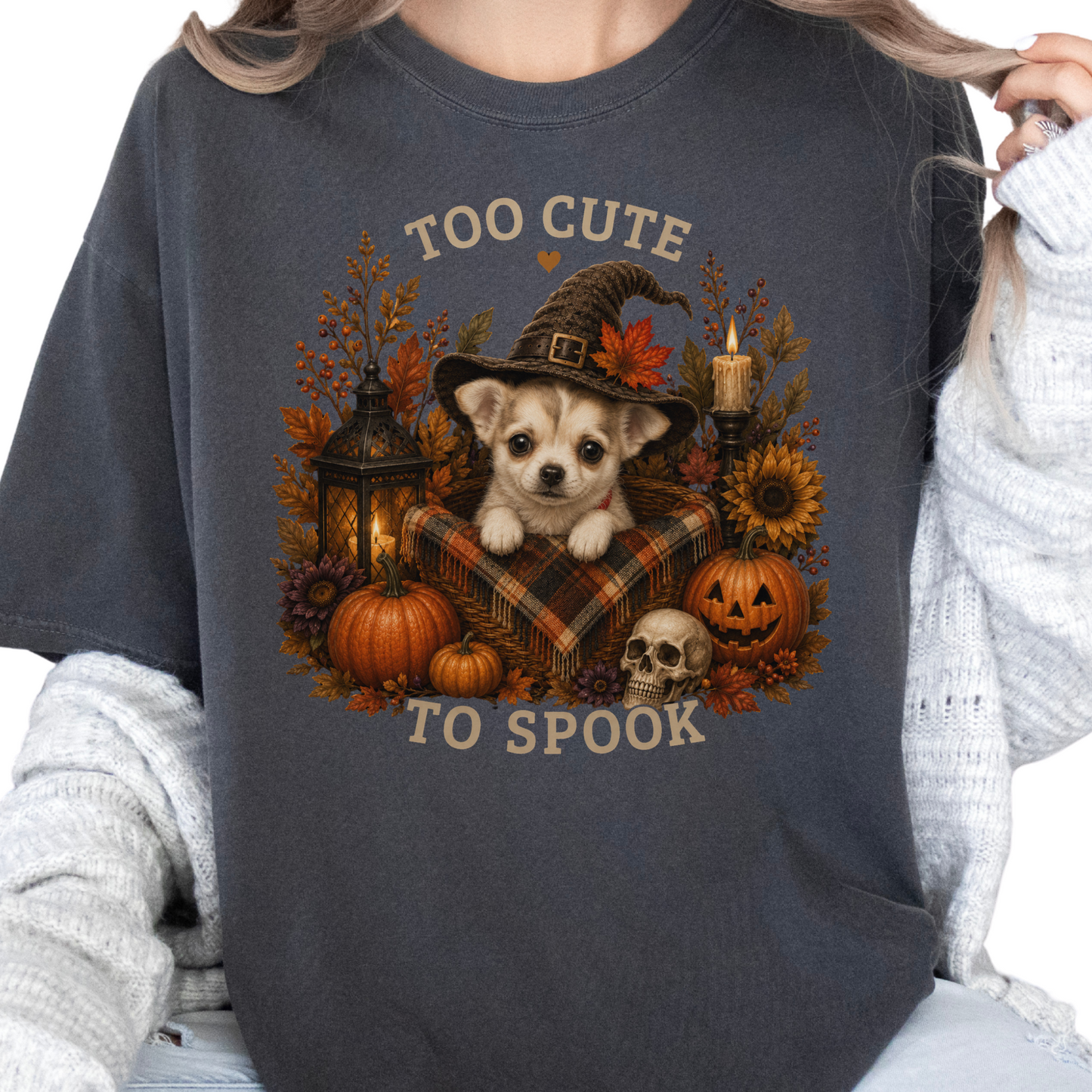 Custom Halloween Dog Shirt, Personalized Too Cute to Spook Comfort Colors Pet Portrait Tee