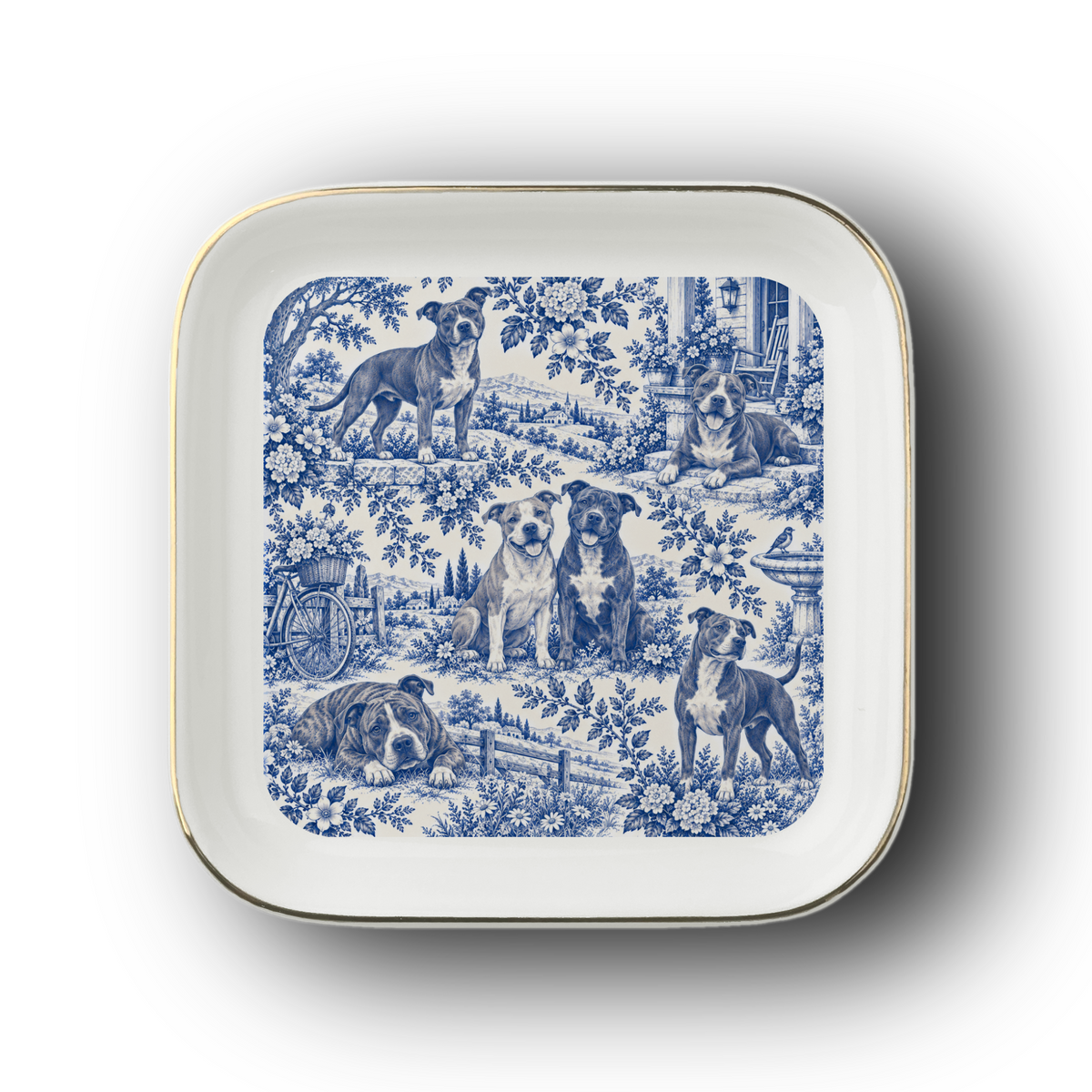 Pit Bull Jewelry Dish, Blue Toile Pittie Ring Dish, Pitbull Mom Gift, Trinket Tray