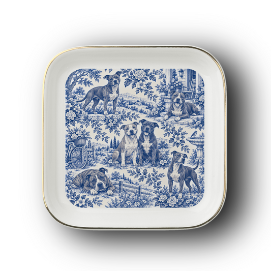 Pit Bull Jewelry Dish, Blue Toile Pittie Ring Dish, Pitbull Mom Gift, Trinket Tray