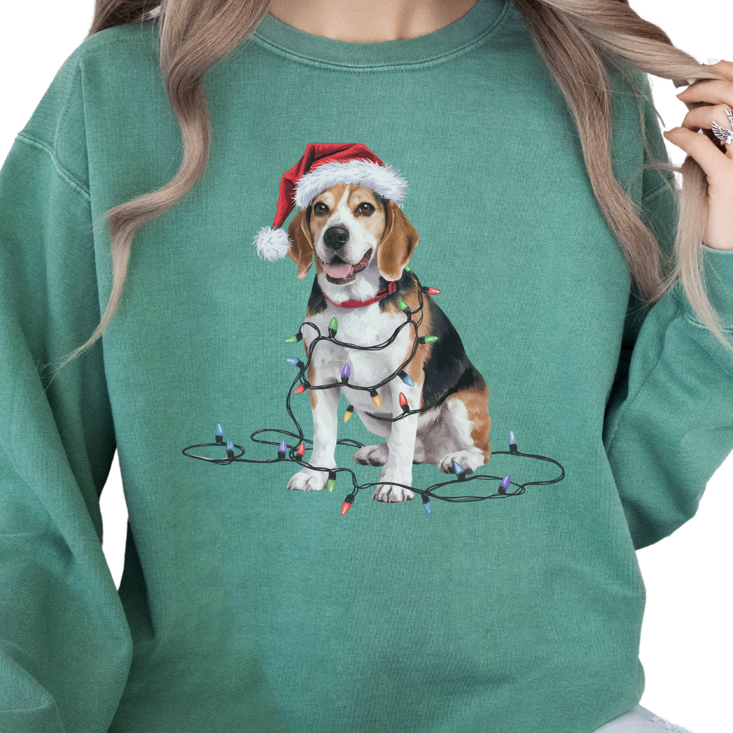 Christmas Beagle Sweatshirt, Holiday Lights Dog, Santa Hat Mom, Dog Lover Apparel