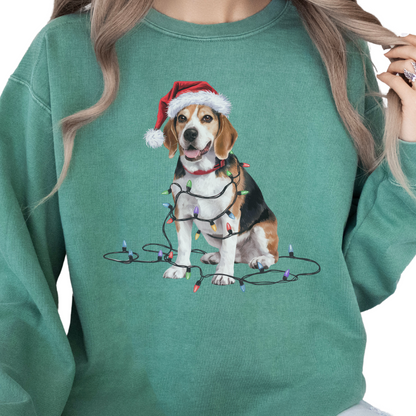 Christmas Beagle Sweatshirt, Holiday Lights Dog, Santa Hat Mom, Dog Lover Apparel