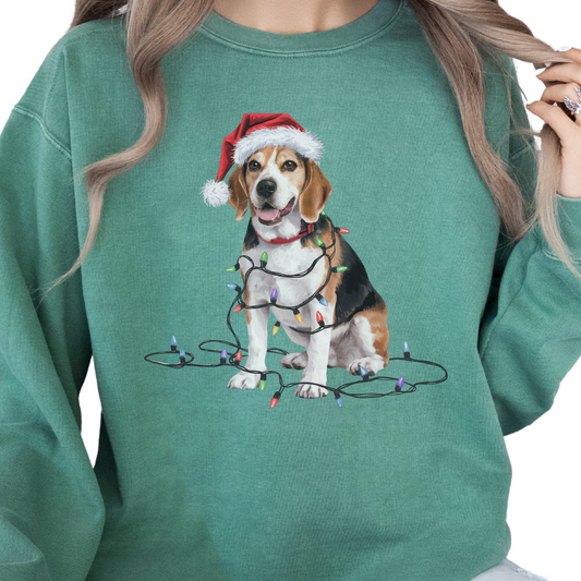 Christmas Beagle Sweatshirt, Holiday Lights Dog, Santa Hat Mom, Dog Lover Apparel