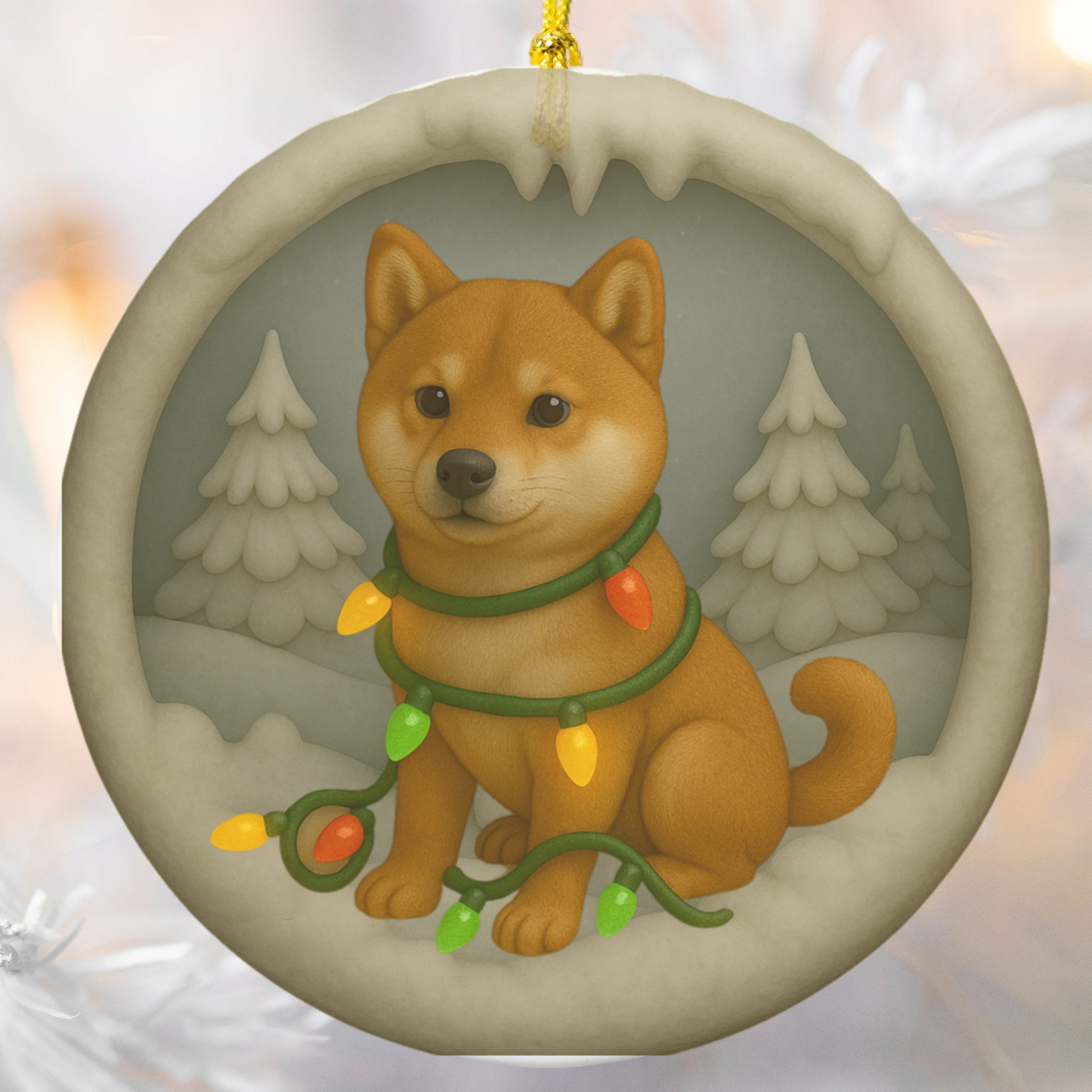 Personalized Red Shiba Inu Christmas Ornament, 3D Clay-Style Dog Keepsake with Lights