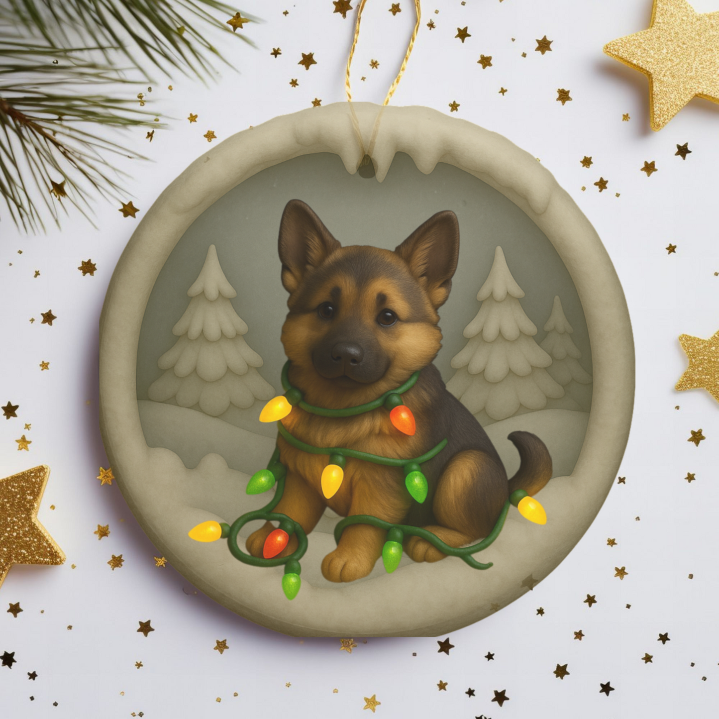 Personalized German Shepherd Christmas Ornament, 3D Clay-Style Dog Keepsake with Lights