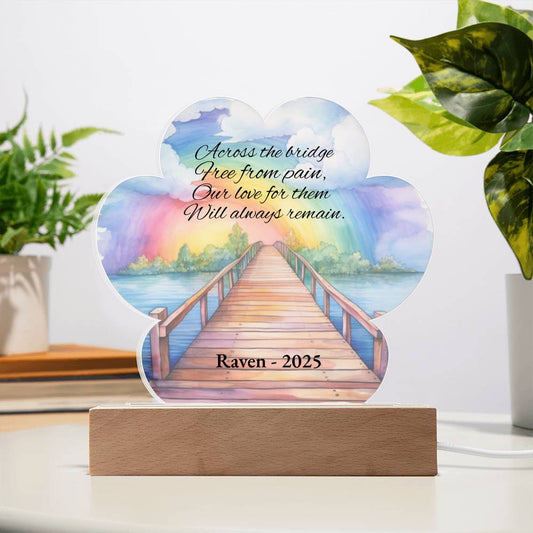 Personalized Pet Memorial Acrylic Light, Rainbow Bridge Paw Plaque with LED Base, Custom Dog Cat Loss Remembrance Gift