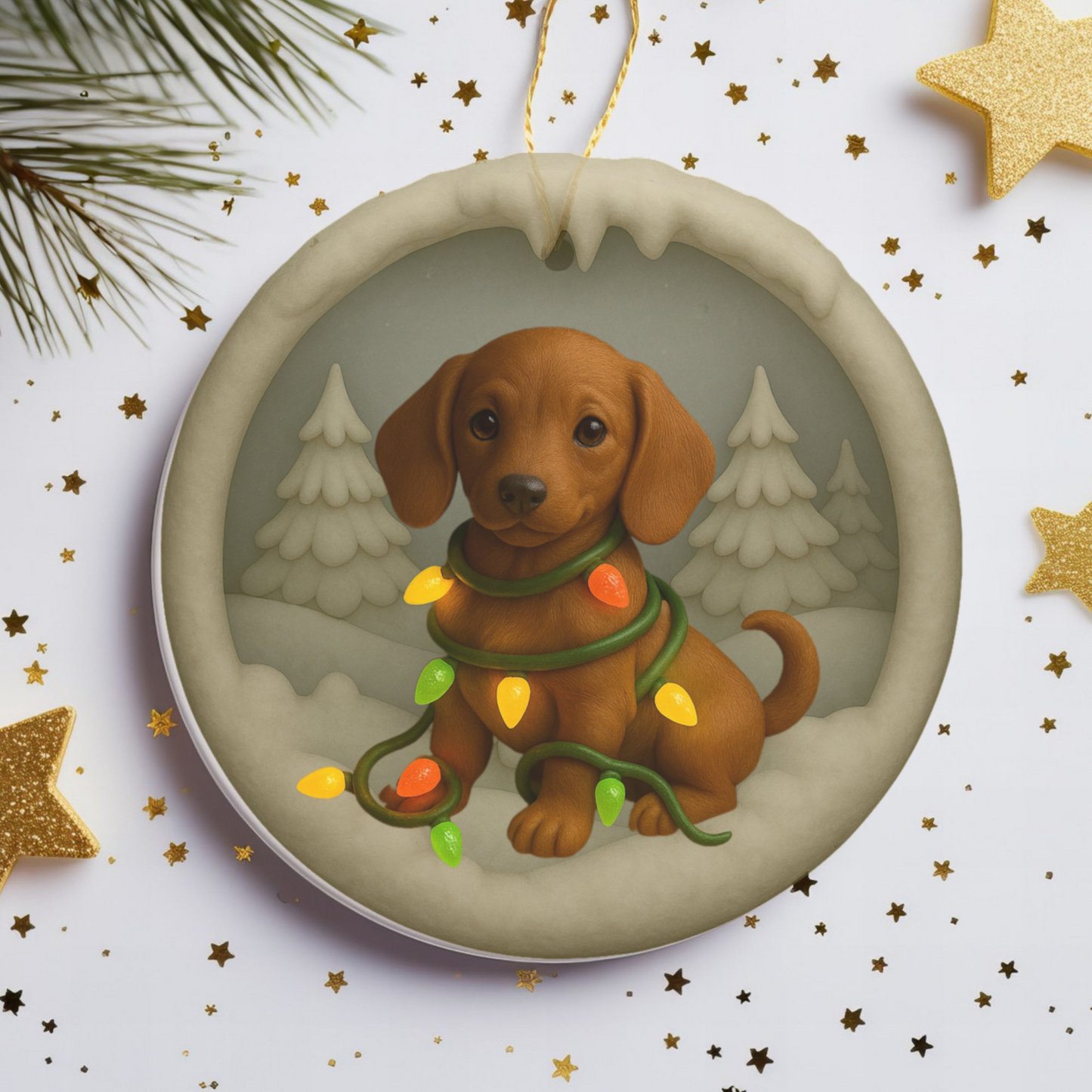 Personalized Red Dachshund Christmas Ornament, 3D Clay-Style Dog Keepsake with Lights