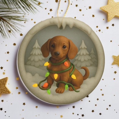 Personalized Red Dachshund Christmas Ornament, 3D Clay-Style Dog Keepsake with Lights