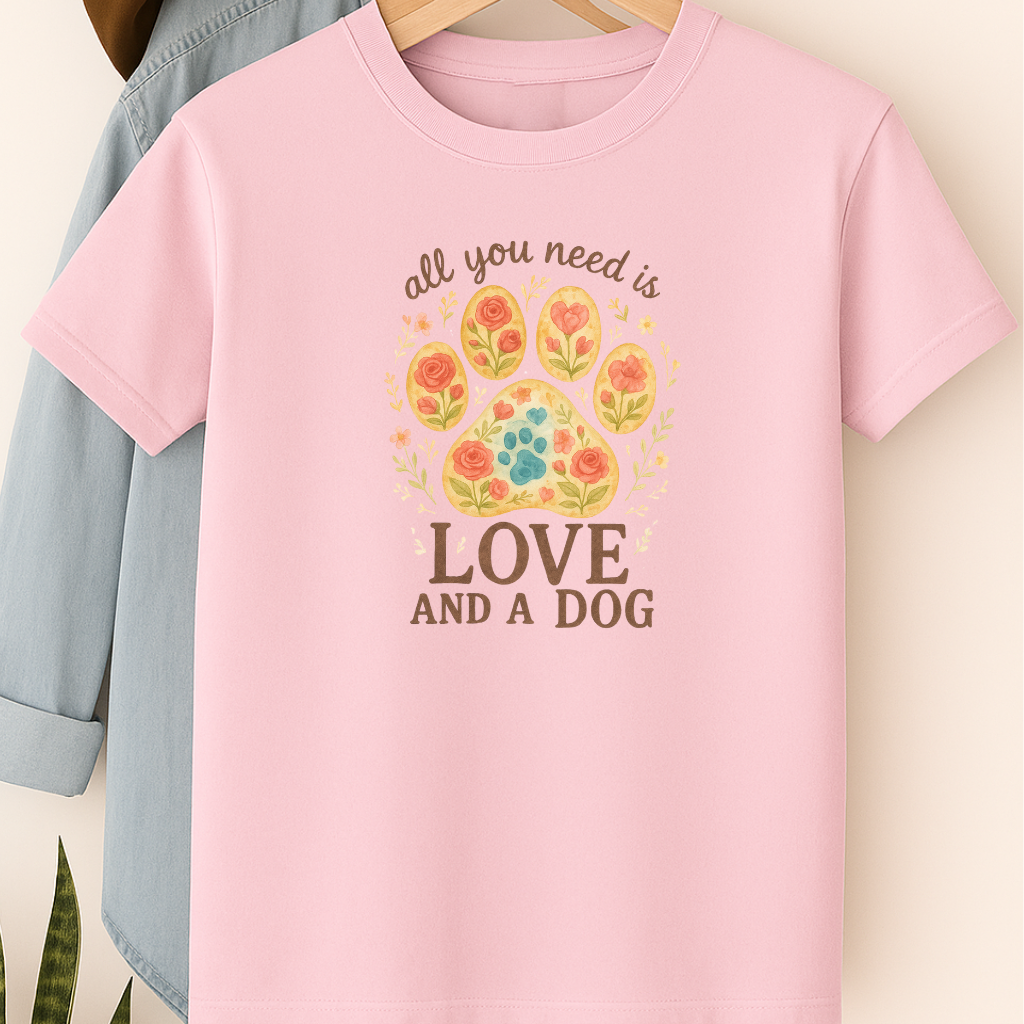 Love and a Dog Floral Paw Print T-Shirt – Sweet Gift for Dog Lovers & Pet Parents