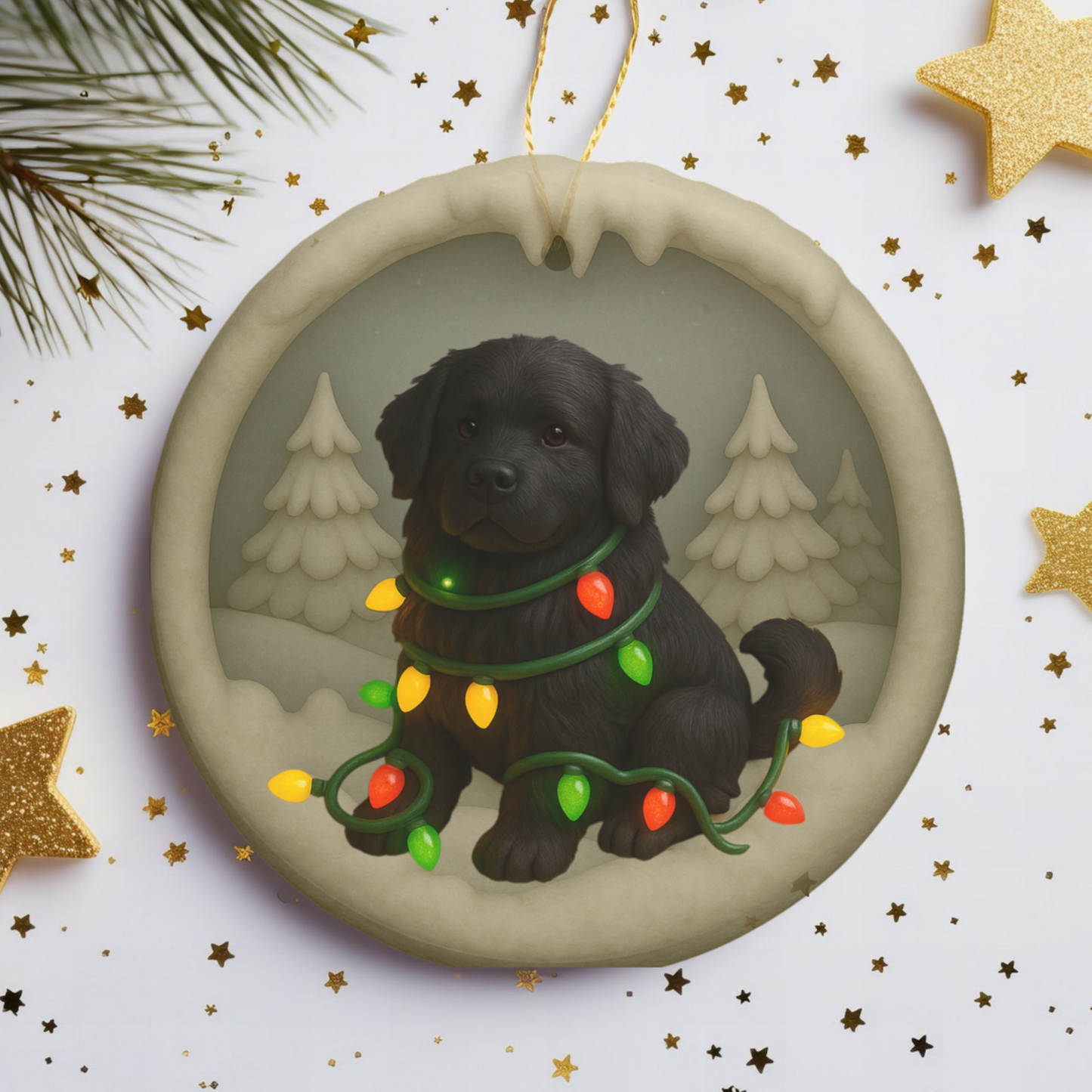 Personalized Black Newfoundland Christmas Ornament, 3D Clay-Style Dog Keepsake with Lights