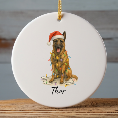Personalized Belgian Malinois Dog Christmas Ornament, Ceramic Pet Decor, Santa Hat Lights