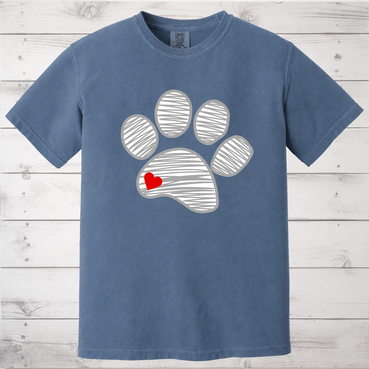 Sketched Paw Print Heart T-Shirt – Minimalist Dog Lover Tee with Cute Red Heart Design