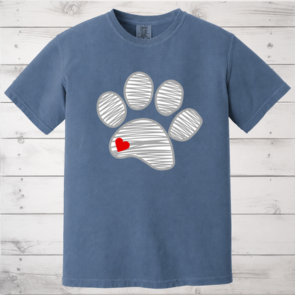 Sketched Paw Print Heart T-Shirt – Minimalist Dog Lover Tee with Cute Red Heart Design