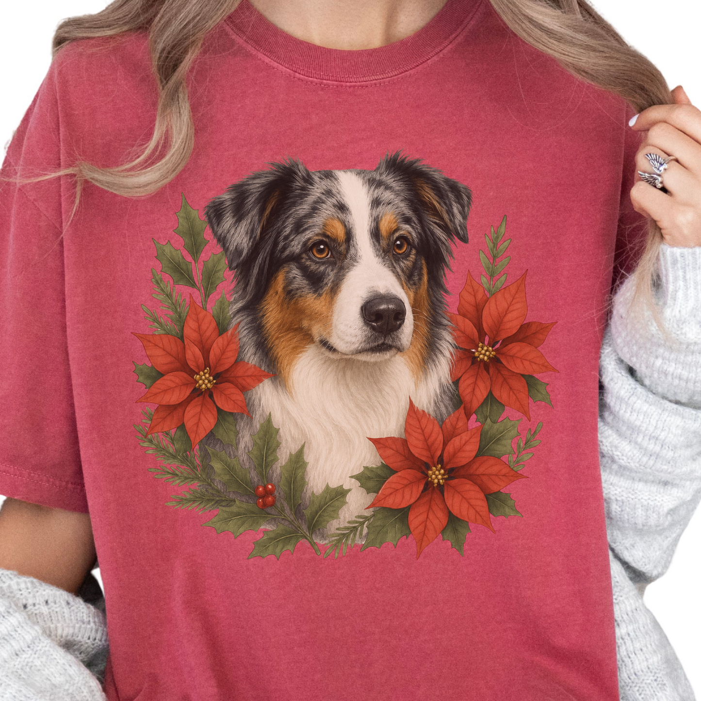 Australian Shepherd Christmas Shirt, Aussie Dog Poinsettia Tee, Holiday Gift for Dog Lover