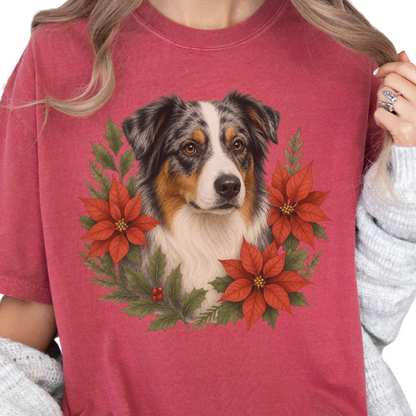 Australian Shepherd Christmas Shirt, Aussie Dog Poinsettia Tee, Holiday Gift for Dog Lover